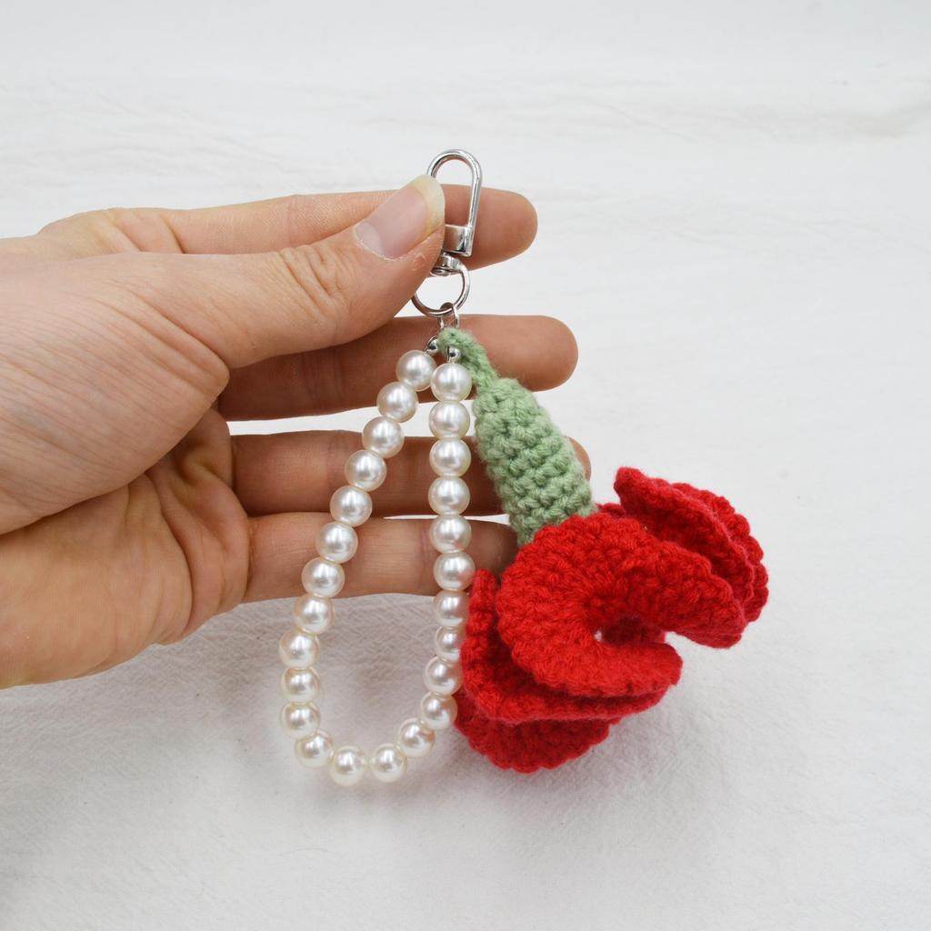Korean-Style Pearl Chain Crochet Carnation Keychain - Mother's Day Gift Accessory