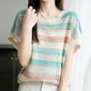 Navava Women Casual Stripe Color Block Cap Sleeve Knit Top Nk3640
