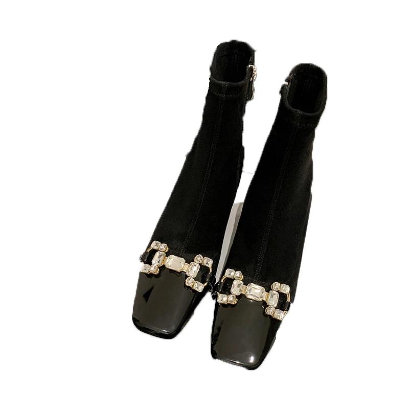 Кристалл Роскошь Высокий Каблук Снежные Ботильоны Женская Обувь Замша Квадратный Носок Тренд Осенние Туфли-Лодочки Дизайнерское Платье Mujer Zapatillas