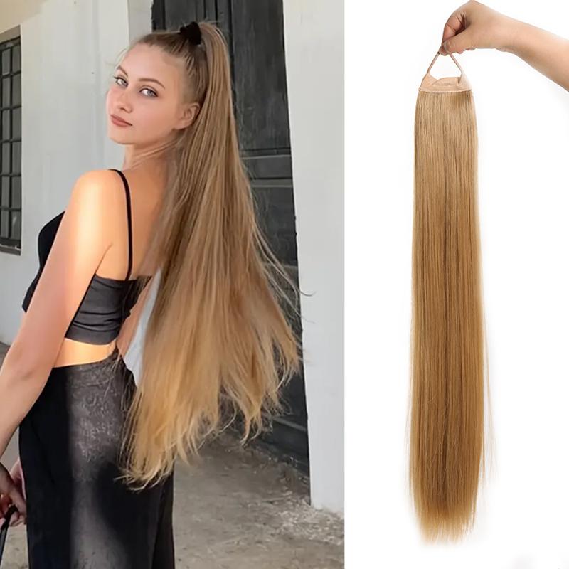 Long Straight Ponytail Wig with Rubber Bands, Soft and Heat-resistant Synthetic Wig Suitable for Women's Daily Use As a Ponytail Accessory