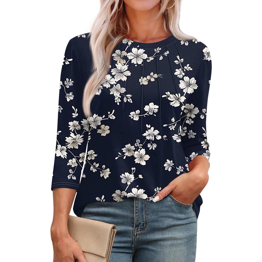 Женская модная повседневная футболка с круглым вырезом и рукавом семь четвертей в стиле ретро с принтом, плиссированная футболка