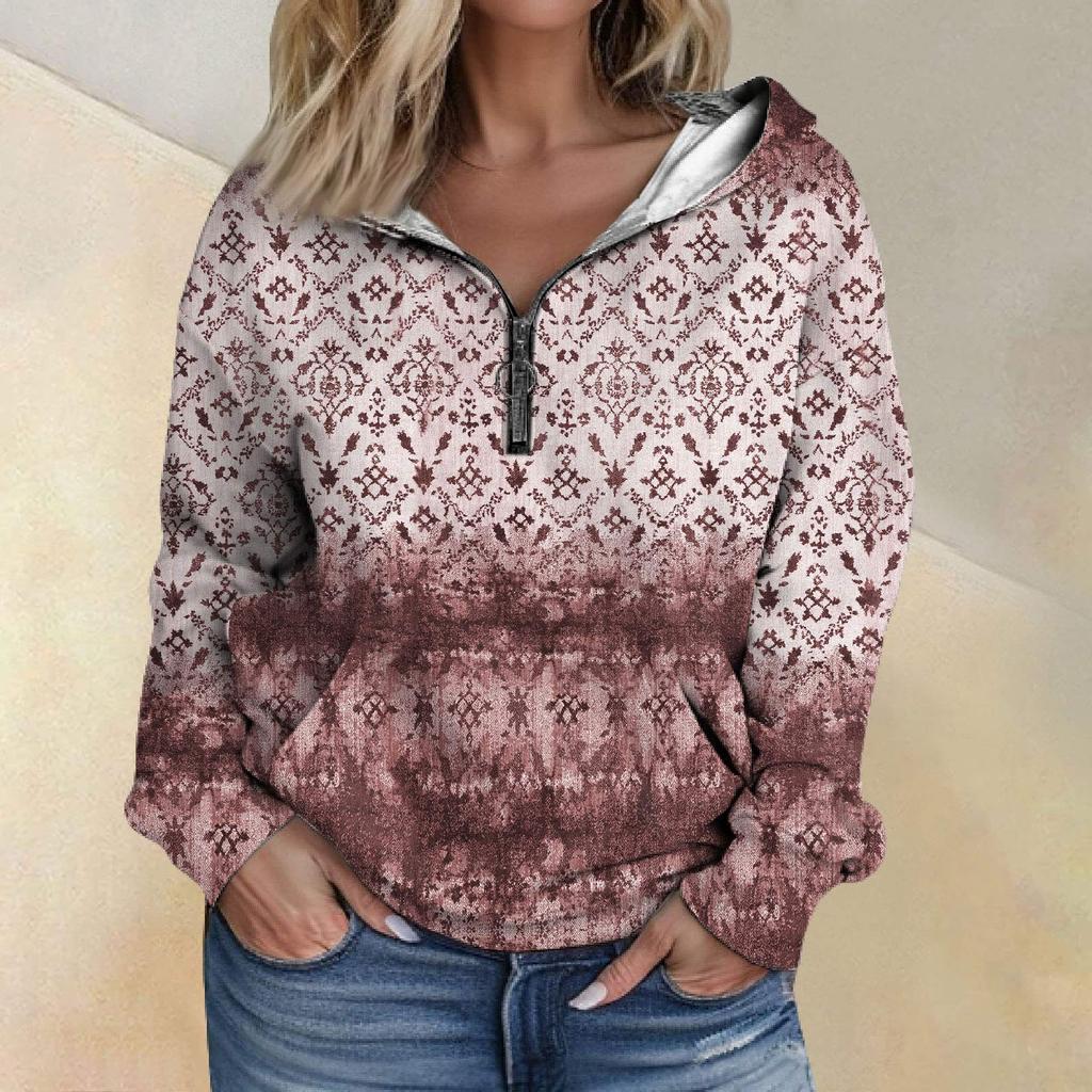 Women's Fashion Printing Long Sleeve Loose Half Zippered Hoodie With Pockets