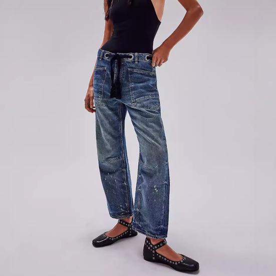 Women's Wide Leg Barrel Jeans Low Rise Drawstring Denim Ankle Pants Elastic