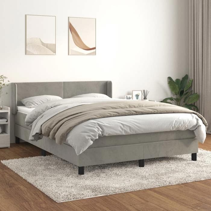 Lit avec sommier et matelas - Maison Exclusive - Velours gris clair - 140x190cm - Tête de lit réglable