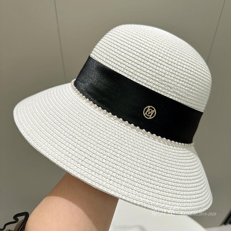 Straw Hat Elegant Women's M Standard Pearl Bowler Hat Light Bucket Hat Wide Brim Sunshade Straw Hat