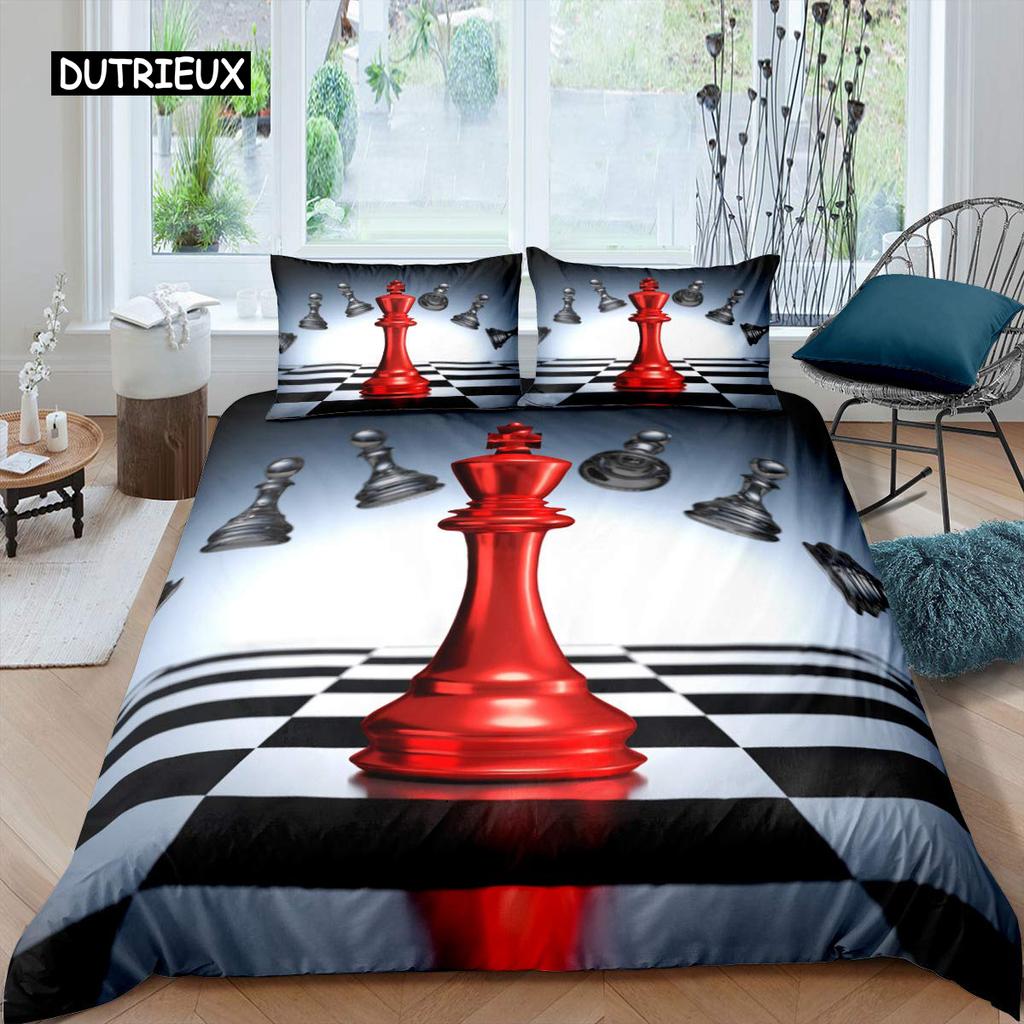 Комплект постельного белья International Chess Queen Size Chess Lovers для детей и взрослых, черная основа из микрофибры, 2/3 шт., пододеяльник