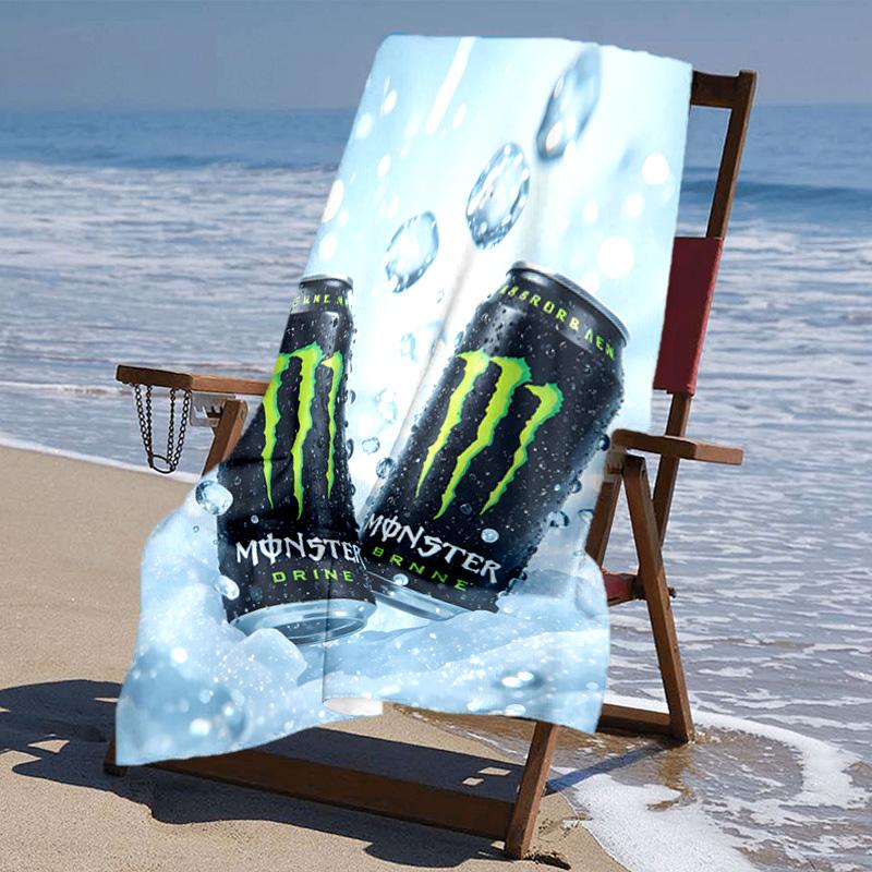 Пляжное полотенце с рисунком логотипа Monster Energy - мягкое, впитывающее, быстросохнущее, можно стирать в машине - идеально для плавания, кемпинга, купания