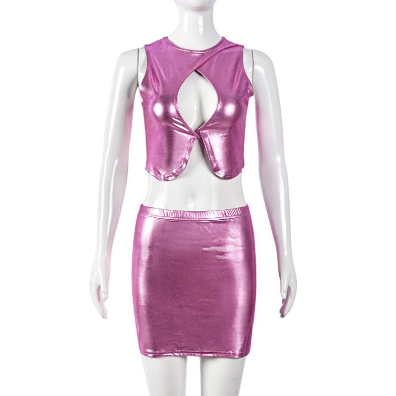 Sexy Womens Sleeveless Crop Top Shiny Mini Skirt Set Street Style 2025
