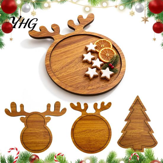 Solid Wood Appetizer Platter Christmas Tree And Elk Serving Tray, Durable Partitioned Holiday Party Snack Dish Food Platter, Decorative Dinnerware for