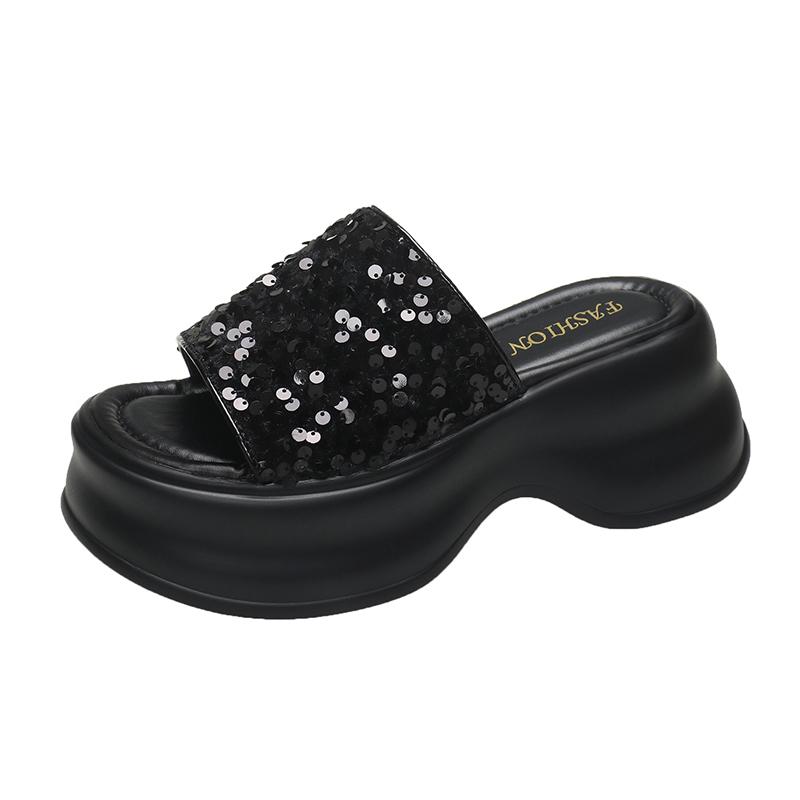 Fashion 7CM Bling Platform Wedge Slippers Women New Summer Shoes Outdoors Breathable Slides Beach Leather Flip Flops Shoe Chunky Sandals