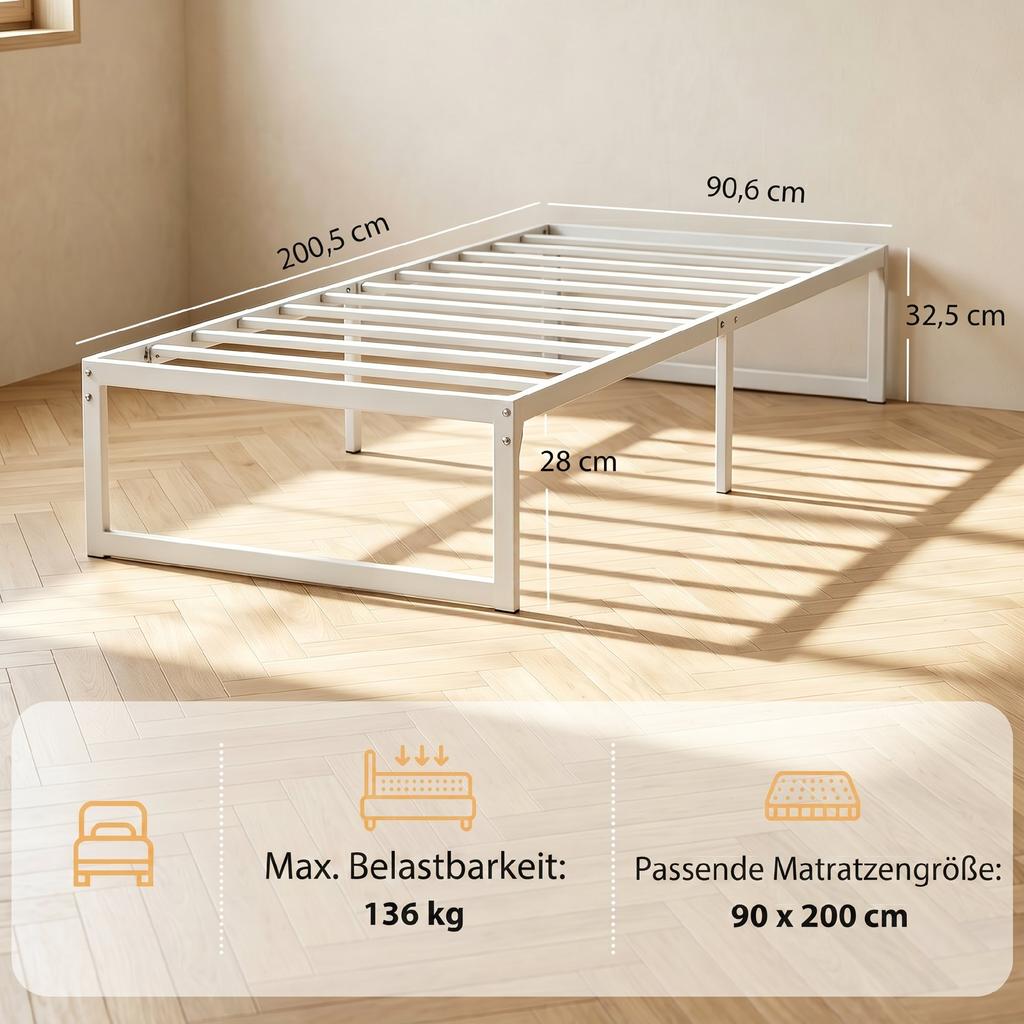 Bed Frame with Storage and Steel Slatted Base, 32.5 cm Tall, Low Noise, 200 x 90 cm, White
