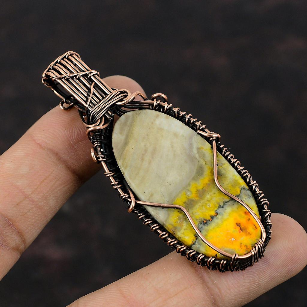 Подвеска из драгоценного камня Bumble Bee Jasper, подвеска из медной проволоки, уникальная медная бижутерия, элегантная подвеска ручной работы, подвеска из проволоки, подарок для него