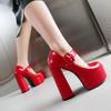 Высокая платформа Ультравысокий толстый каблук Глянцевая лакированная кожа Квадратная пряжка Женские туфли на высоком каблуке Дышащие неглубокие туфли-лодочки