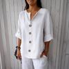 Women Shirt V-Neck 3/4 Sleeve Loose Fit Pullover Tops Buttons Decor Breathable Casual Tops Daily Wear
