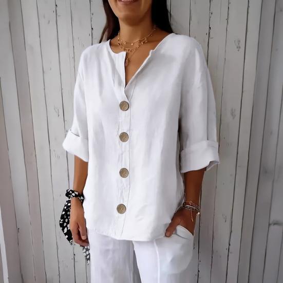 Women Shirt V-Neck 3/4 Sleeve Loose Fit Pullover Tops Buttons Decor Breathable Casual Tops Daily Wear