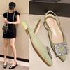 Fashion Beige Heeled Sandals Clear Shoes 2025 Women's Black Rhinestone Medium Pointed Closed New Spring Gladiator Block Girls Size 42