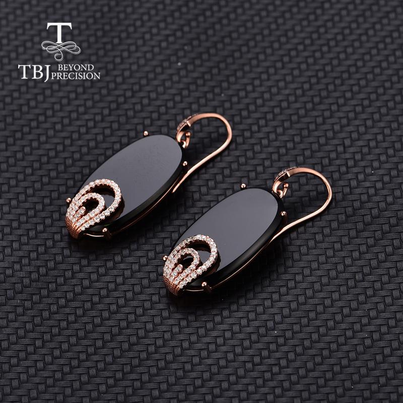 Bolaijewelry Длинные серьги Vogue с крючком, натуральный черный агат, оникс, стерлинговое серебро 925 пробы, розовое золото, 26,4 карата, серьги для подарка женщине