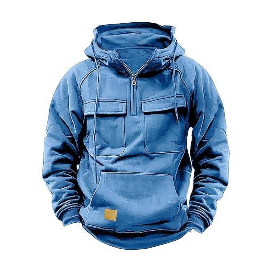 Men's Large Patch Pocket Drawstring Long Sleeve Half-Zip Hoodie
