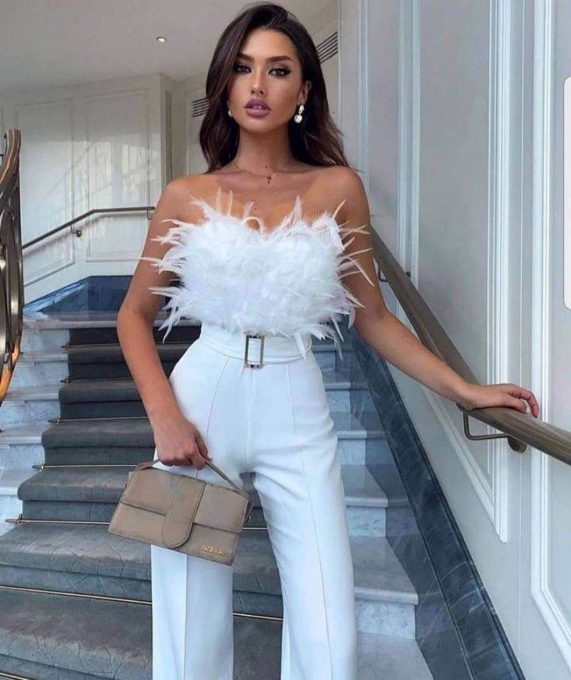 2021 Spring/Summer European & American Feather Tube Top Jumpsuit - Sexy Fashion Design