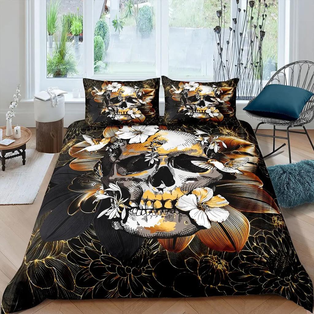 Skull Duvet Cover Golden Crown Bedding Set,3D Printed Halloween Skull With Two Beauty Quilt Cover Set,Crown Comforter Cover