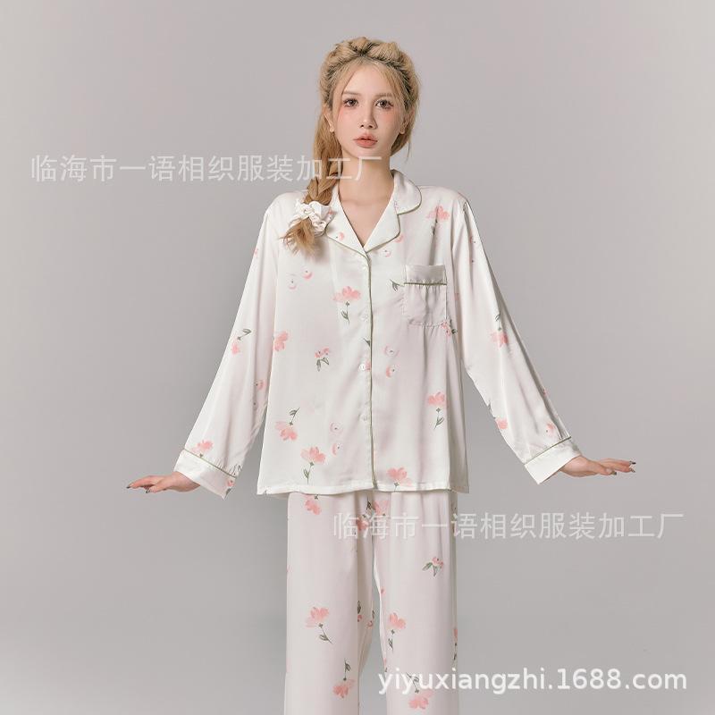 New peony double long hair ring lapel pajamas women's Douyin Internet celebrity hot casual comfortable loungewear set