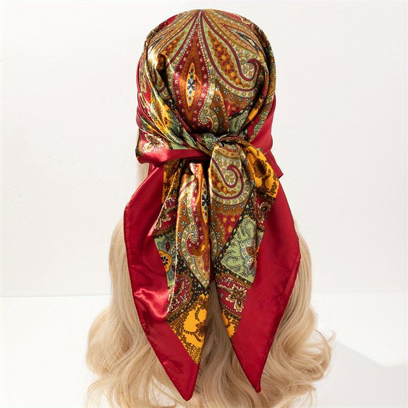 Satin Square Scarf Women Muslim Hijab Elegant Print Silk Neckerchief Shawl Wraps Headband Handle Hair Accessories Bandana