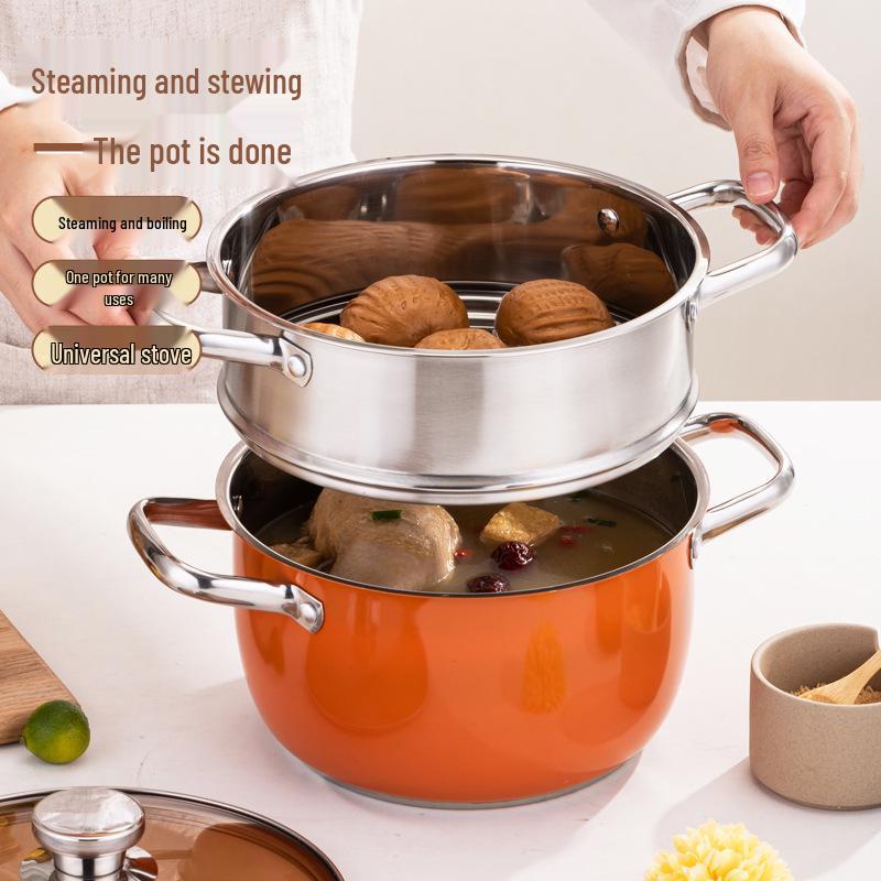 Orange Stainless Steel Double-Layer Steamer and Cooking Pot with Thickened Composite Steel for Induction Cookers
