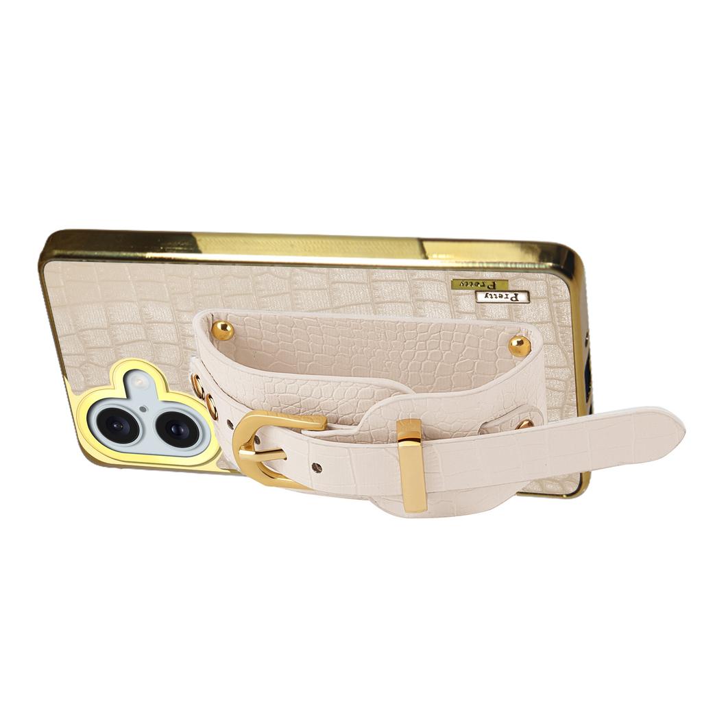 For iPhone 16 Case Crocodile Texture PU Leather+TPU Electroplating Phone Cover Wristband Kickstand - White