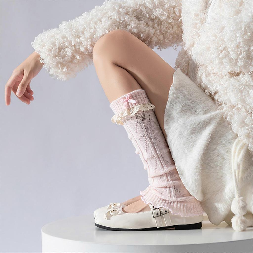 Elegant Knitted Stretch Leg Warmers Boot Cuffs Sweet Bows Ruffled Lace Trim Patchwork Leg Covers Calf Socks for Women  Pink vertical strips
