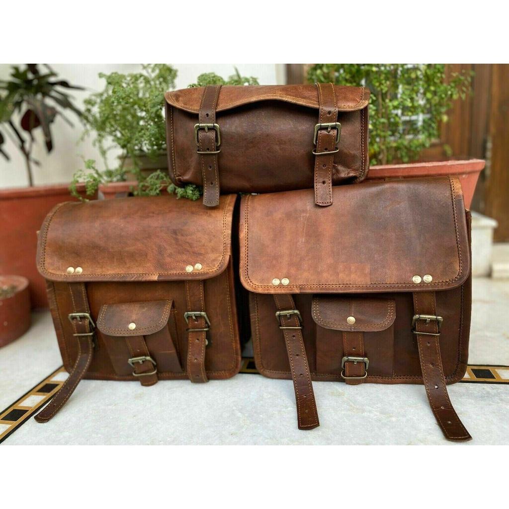 Leather Motorcycle Saddle Bag Pouch Side Bags Panniers Tool Luggage Brown Combo