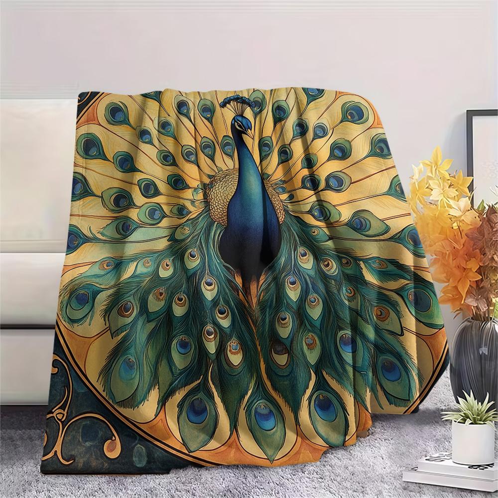 Peacock with Fanned Tail Print Flannel Blanket, High quality Comfortable for All Seasons, Home Decor, Warmth and Comfort
