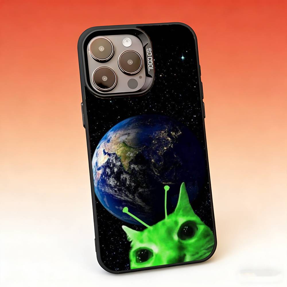 Funny Green Alien Cat Phone Case For iPhone 17,16,15,14,13,12,11,Pro,Max,Plus,Mini,SE,Air Candy Matte Shockproof Cover