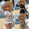 3Pcs/Set Women Bikini Set Halter Bra Lace-up Swimming Trunks Set with See-through Mesh Yarn Cover Up Dress