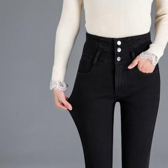 Женские джинсы с высокой талией из искусственного меха и пуговицами на подкладке, облегающие мягкие теплые толстые однотонные брюки-карандаш с карманами