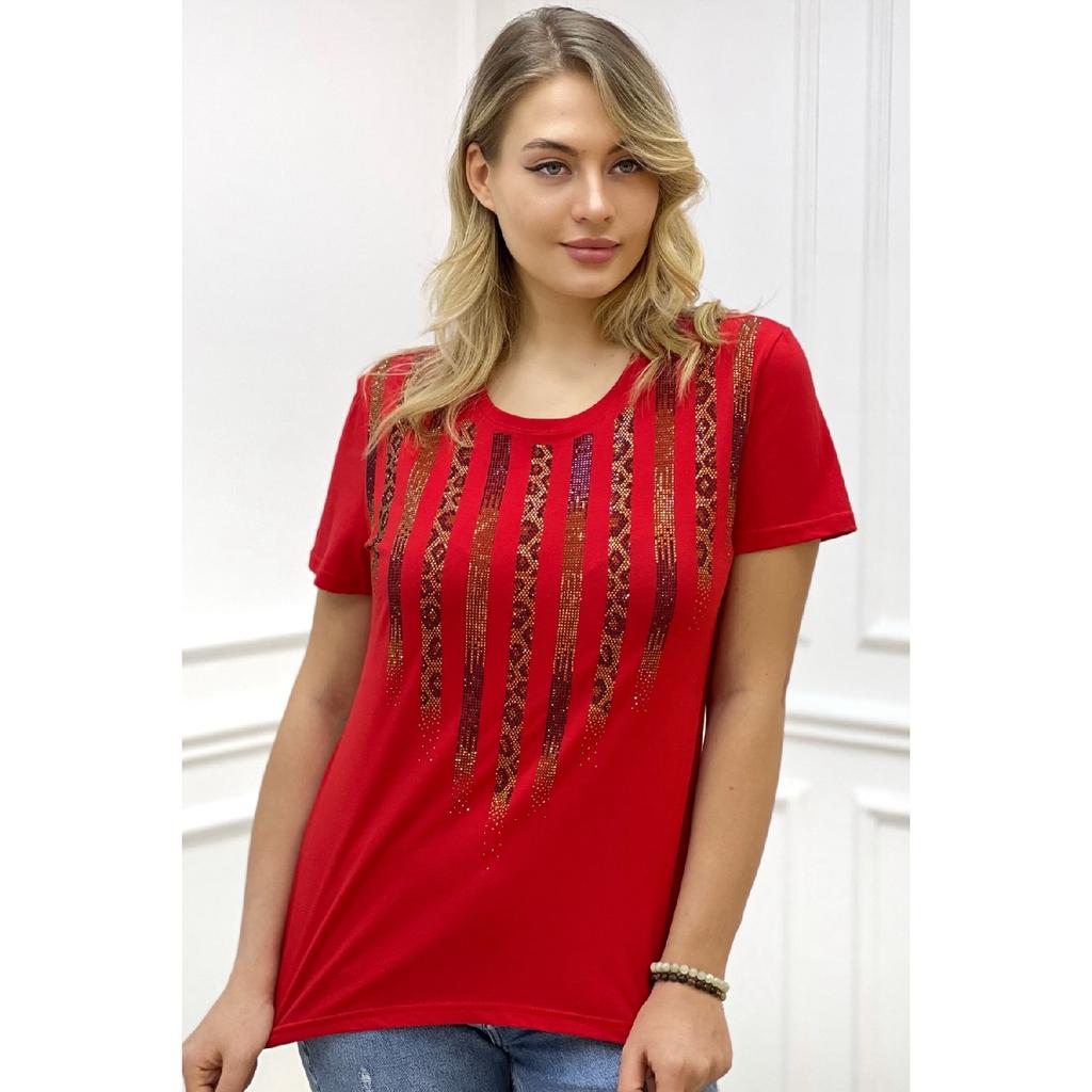 Хлопковая черная женская футболка с коротким рукавом и круглым вырезом с леопардовым принтом и кристаллами больших размеров