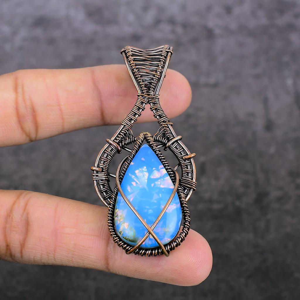Blue Triplet Opal Handmade Copper Wire Wrap Jewelry Pendant 2.60" D2v71