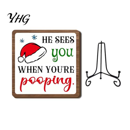 Holiday Fireplace Decor Christmas Wooden Tabletop Decor, 2D Pet Santa Ornament with Iron Stand, Rustic Cute Sign for Home And Cafe Festive Shelf,