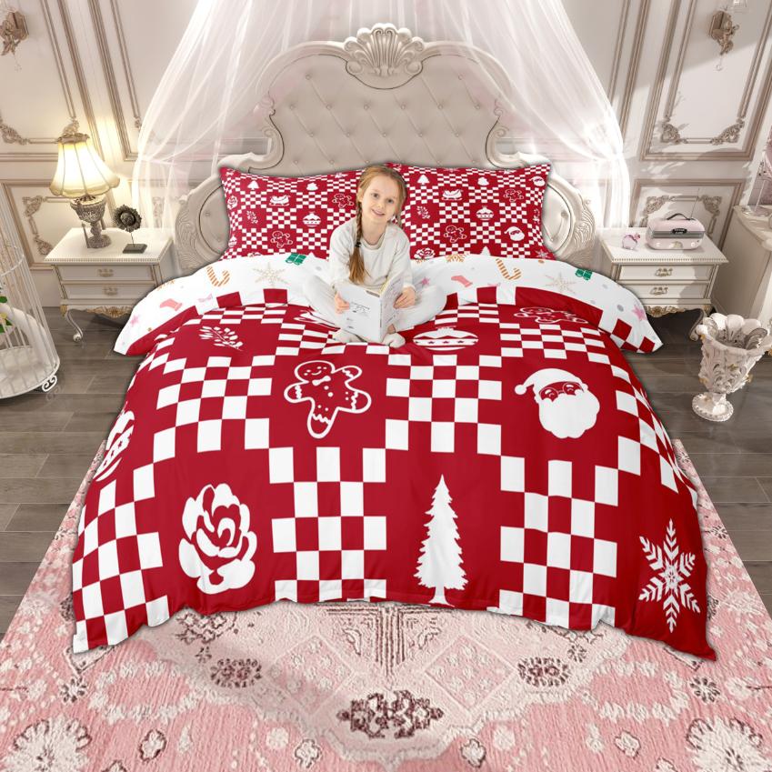 Homewish Merry Xmas Duvet Cover Set for Boys Girls, Christmas Tree Deer Bedding, Kawaii Snowman Santa Claus Quilt Cover Set