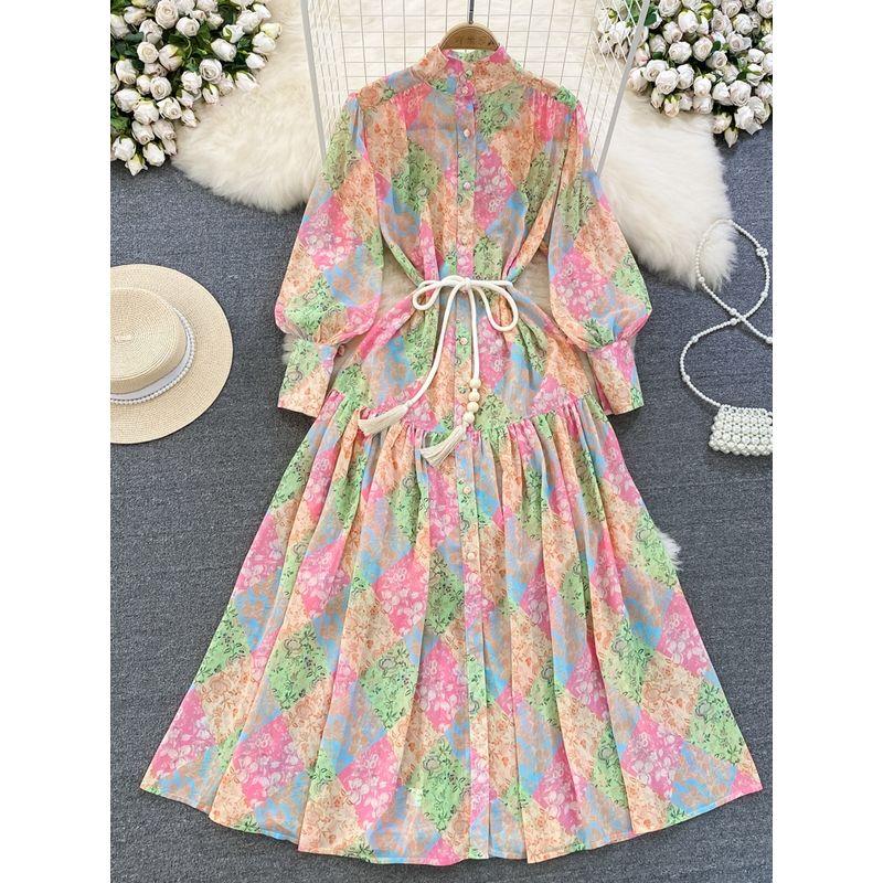 Accessible Luxury Lantern Long Sleeve Single Breasted Elegance Dress