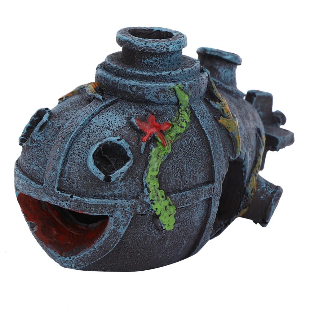 Resin Submarine Wreck Ornament Hollow Cave Fish Tank Ornament Aquarium Decoration Shrimp Shelter