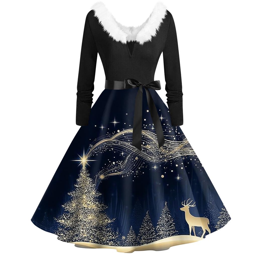 Женская мода с v-образным вырезом, повседневные тонкие рождественские платья с воротником из волос и длинными рукавами с принтом