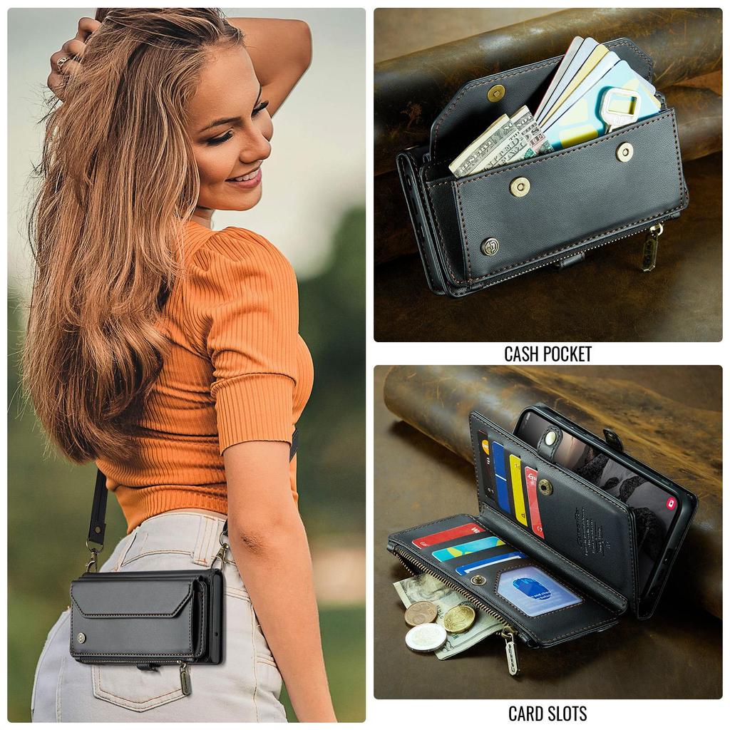 Кошелек-сумка CaseMe через плечо для Samsung Galaxy S26/S26+/S26 Ultra, на молнии, с ремешком на запястье, многофункциональный, флип, из ПУ-кожи, с держателем для карт, защитные наклейки