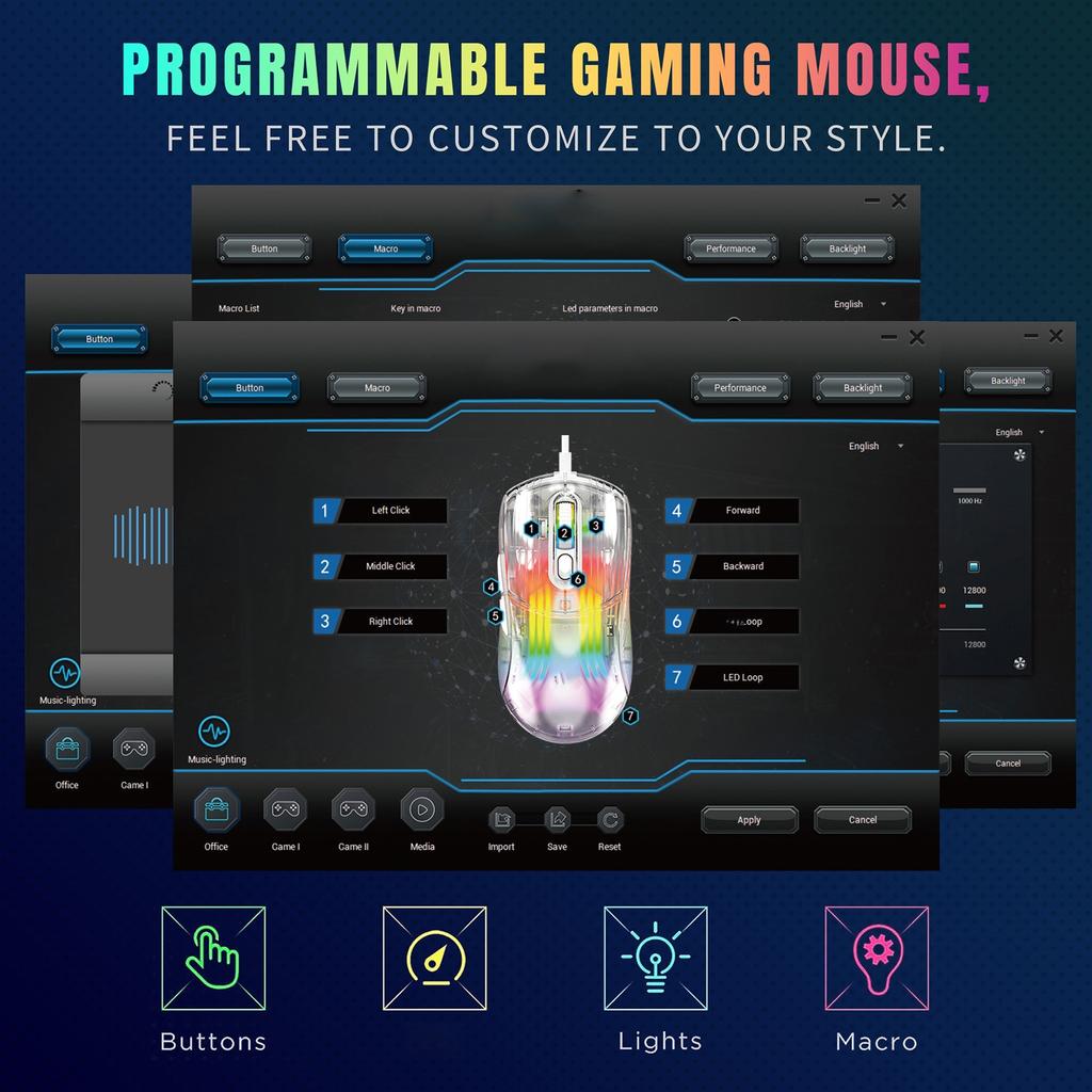 X400 Проводная игровая мышь 6 регулируемых уровней скорости движения RGB режимы подсветки Прозрачная Макропрограммируемая Эргономичная