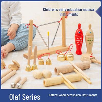 Орф-набор перкуссии: Клавесы, Кастаньеты, Шейкеры с песком, Яичные шейкеры, Наручные колокольчики, Бубен, Треугольник и Деревянный блок.