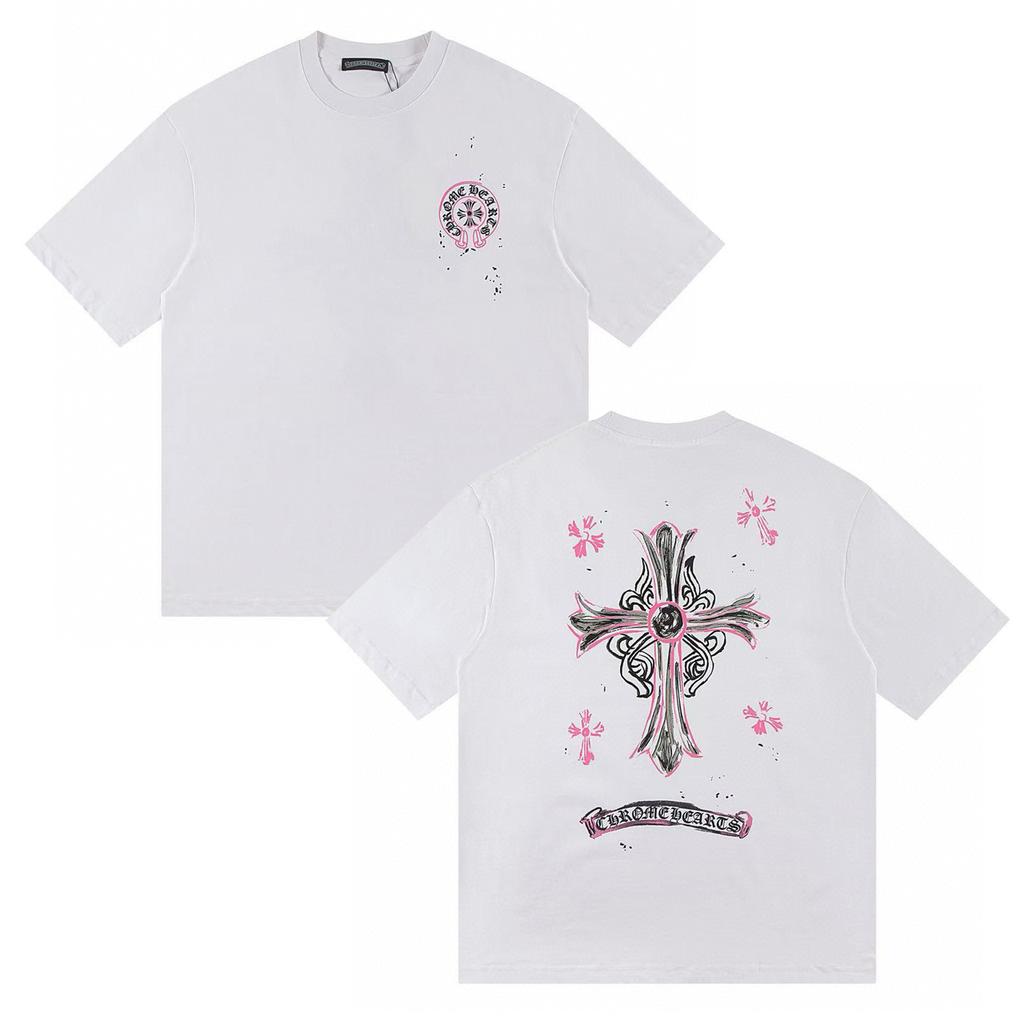 W390 CHROME HEARTS 2025 Летняя новая высококачественная хлопковая свободная футболка большого размера с круглым вырезом Футболка для пары