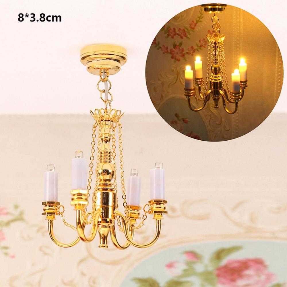1:12 Miniature LED Golden Light Mini Home Table Lamp Model Doll House Accessories