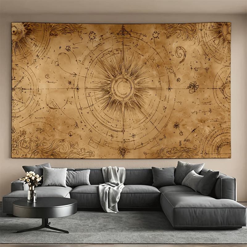 Antique Compass Map Tapestry 2D Digital Print Polyester Wall Hanging Living Room Bedroom Office Studio Decor with Hooks