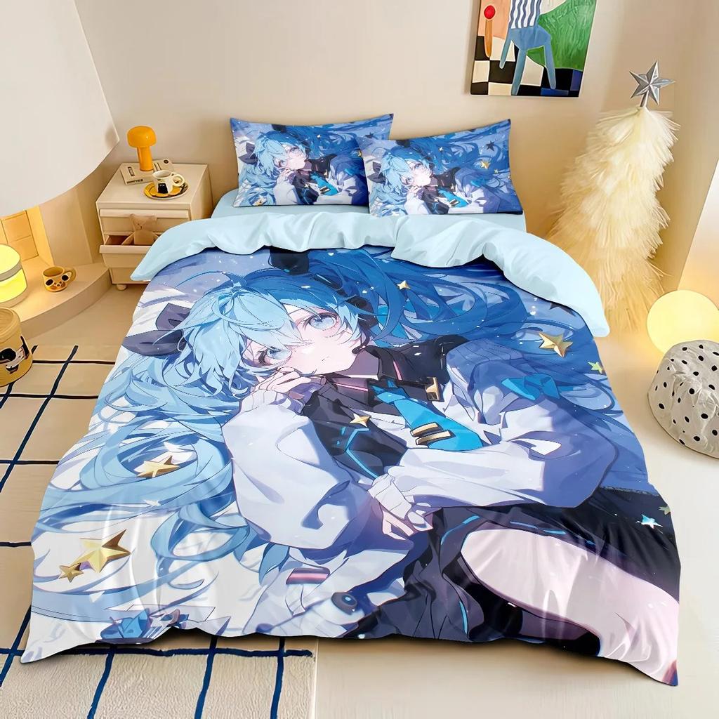 Anime H-Hatsune Miku Bedding Set Kawaii Girls Duvet Cover Set Single Twin Full Queen King Size for Kids Teens Bedroom Decor Gift