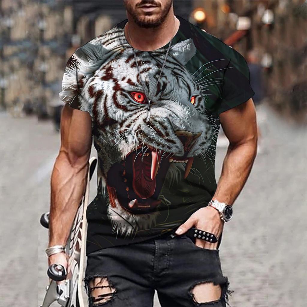Mens 3D Tiger Print Short Sleeve Crew Neck T-Shirt Breathable Medium Stretch Casual Fashion Tee for OutdoorParty Weekend Wear