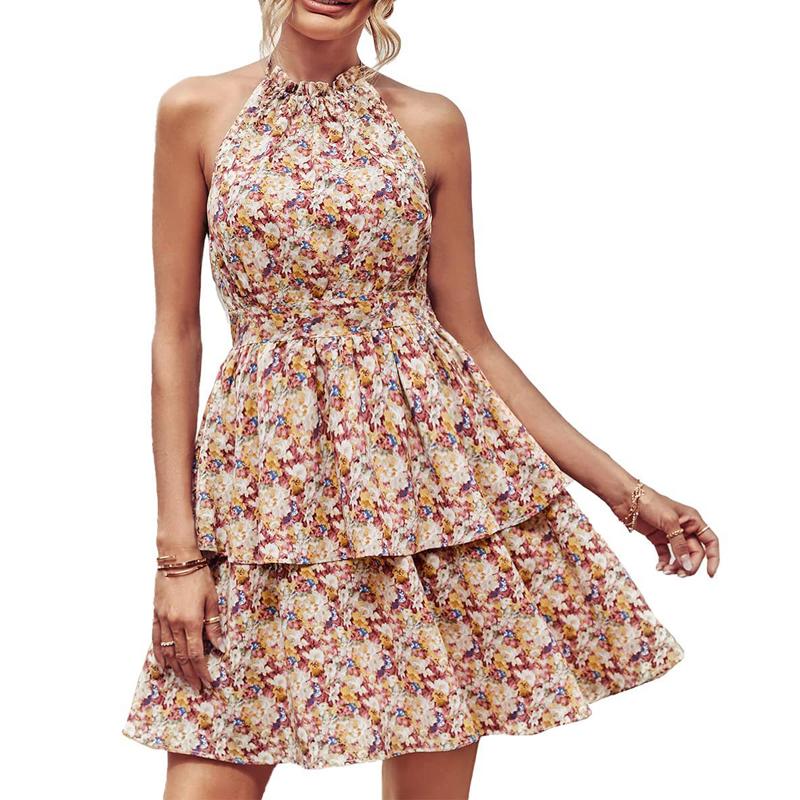 Summer Women's Sexy Strapless Hanging Neck Floral Dress Boho Style Printed Sleeveless Festival Beach Party Sundresses
